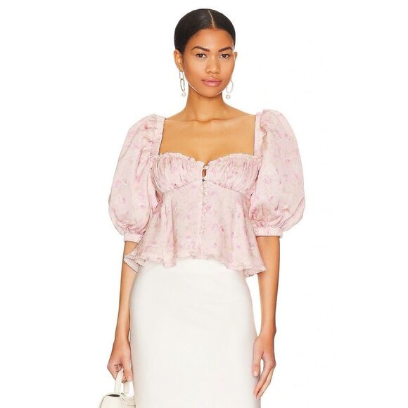 NWT For Love & Lemons Rhoda Pink Floral Puff Sleeve Blouse Size Small - Picture 1 of 12